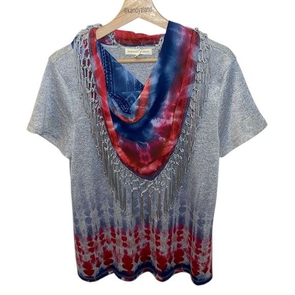 FARMERS MARKET Women’s Patriotic Top with Detachable Tie Dye Fringe Scarf - Picture 1 of 5